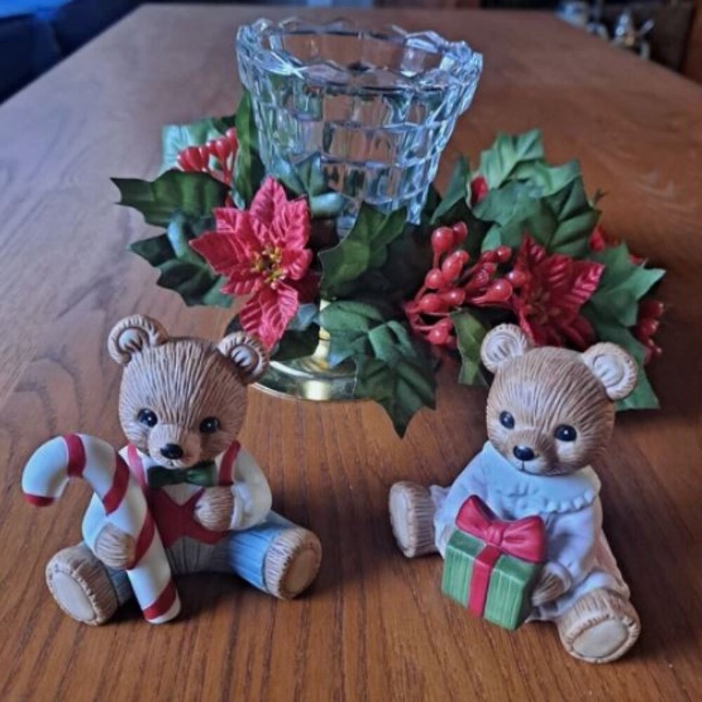Vtg Homco Christmas Teddy Bear Figurines #5211 Set of 2 Bisque Porcelain/Candle